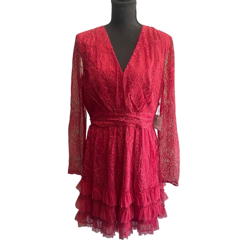 Laundry by Shelli Segal Red Floral Lace Tiered Ruffle Mini Dress Size 10‎ NWT